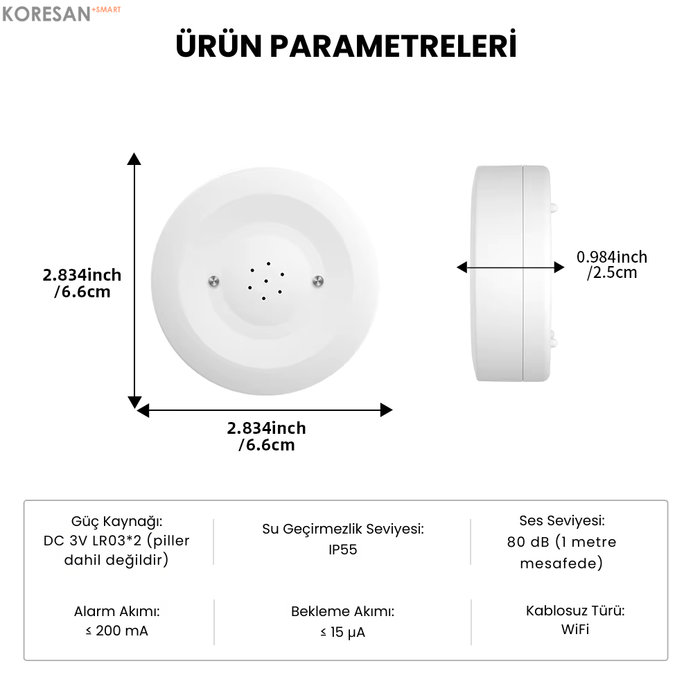 Tuya Sirenli Su Baskını Sensörü – WiFi teknik özellikler ve boyutlar