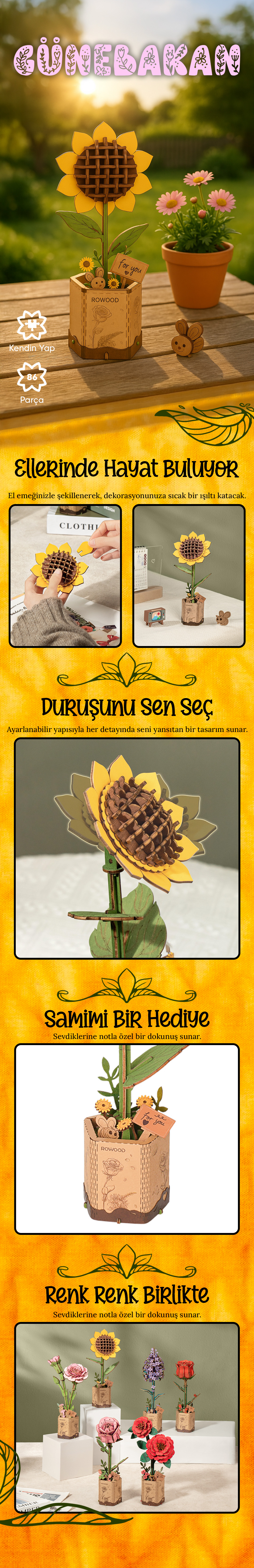 Minyatür Günebakan Çiçeği | Ahşap Günebakan Çiçeği Maketi | 3D Puzzle