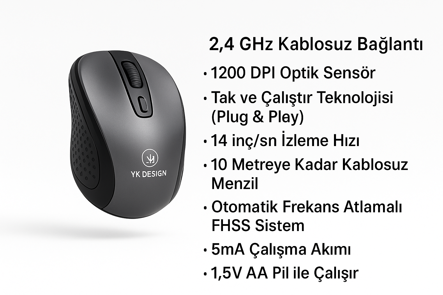 Ergonomik tasarıma sahip YK-236 kablosuz mouse yan görünüm