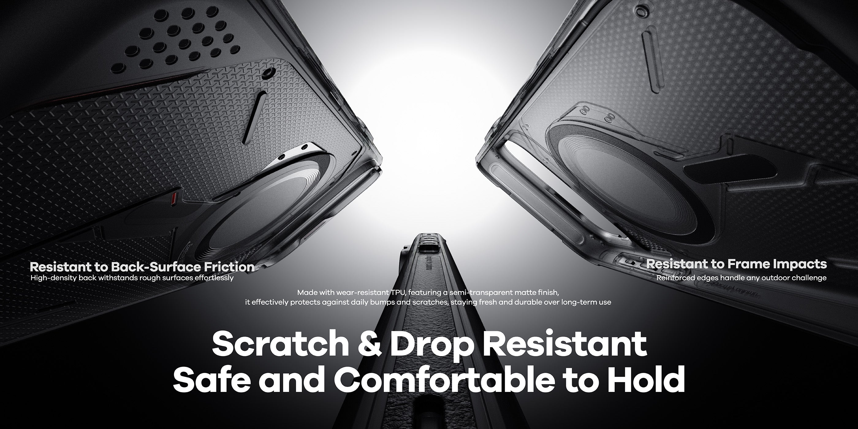 Three AULUMU A17 rugged outdoor cases from bottom perspective with text Scratch & Drop Resistant Safe and Comfortable to Hold