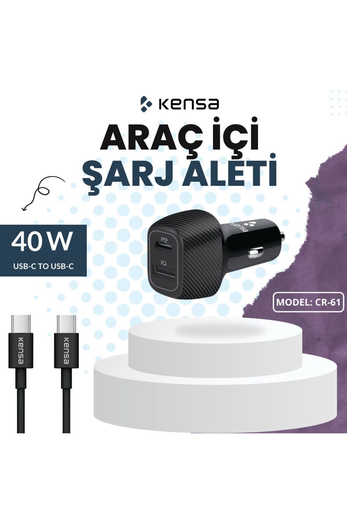 Genel Markalar USB Type C KABLOLU ARAÇ ÇAKMAKLIK-İkili USB Kablolu GİRİŞ 12-24V DC ÇIKIŞ 40W