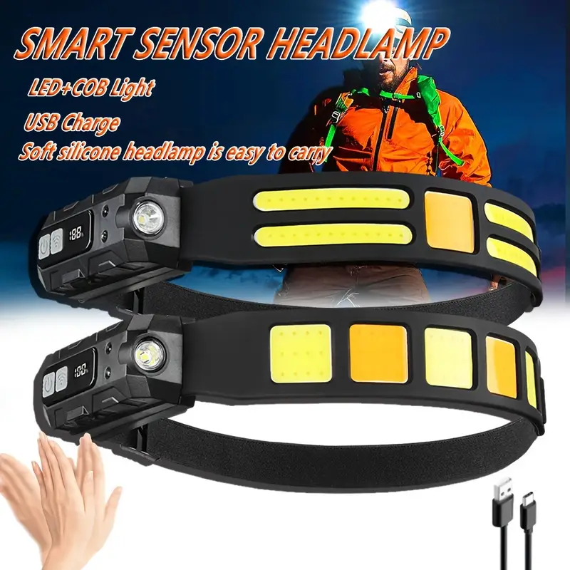 Ultra-Bright LED+COB Headlamp with Wave Sensor for Switch - Rechargeable, Adjustable Beam, Matte Finish for Outdoor Adventures, Rechargeable Headlamp details 1