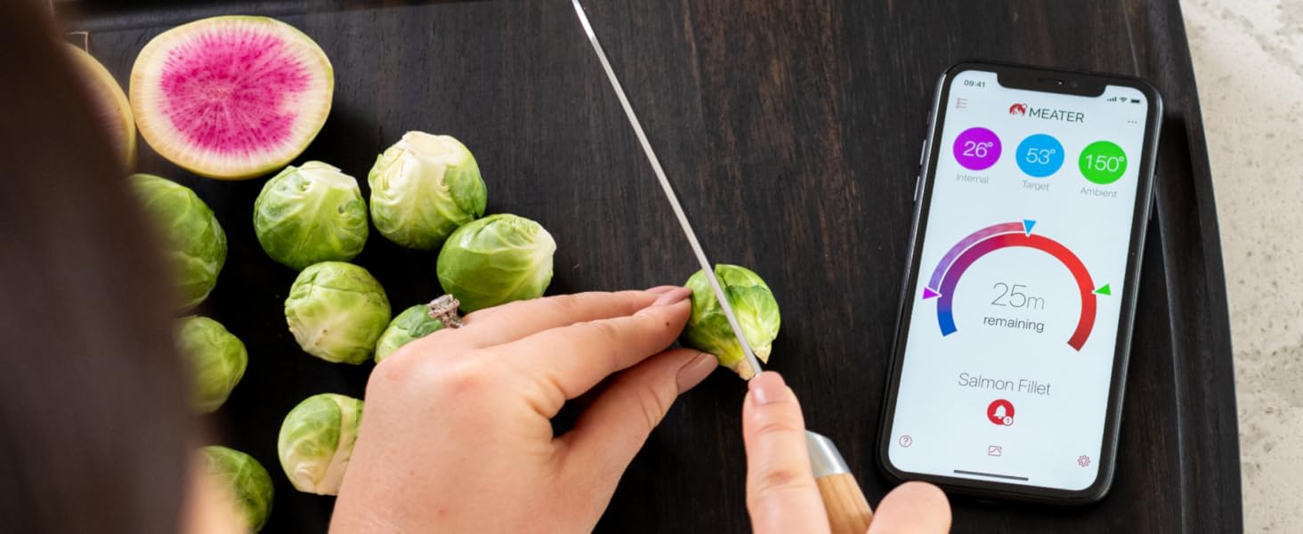 Dilimlenmiş karpuzun yanında limon kesen el. Ön planda renkli dairesel grafik uygulama arayüzü gösteren akıllı telefon.