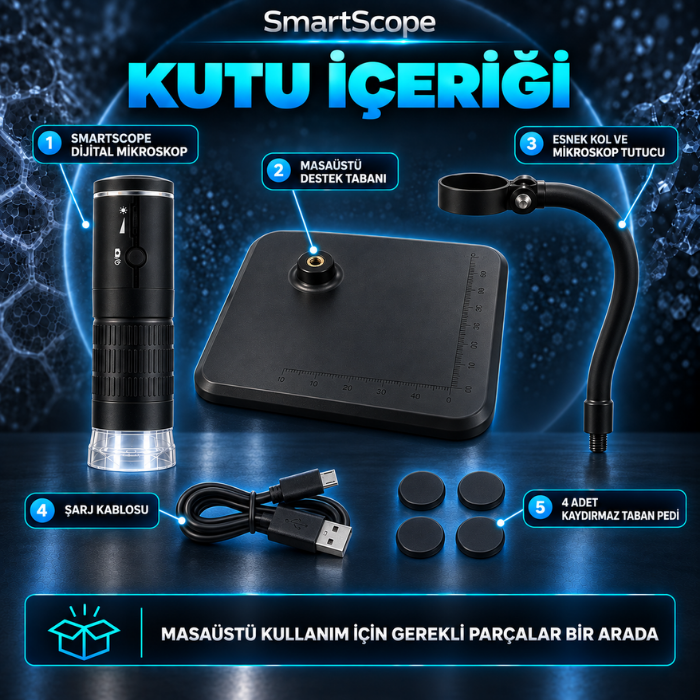 SmartScope kablosuz dijital mikroskop kutu içeriği