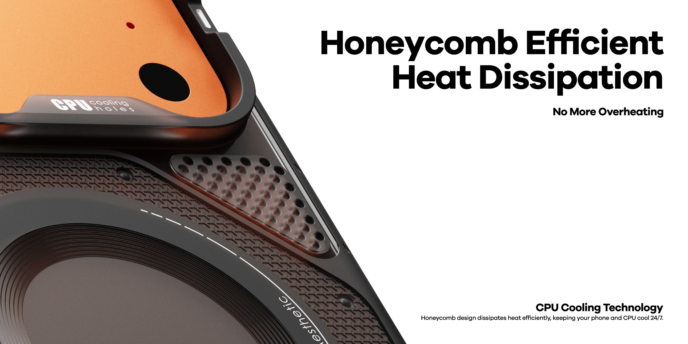 Honeycomb Efficient Heat Dissipation graphic showing AULUMU A17 rugged case vent area and CPU cooling holes