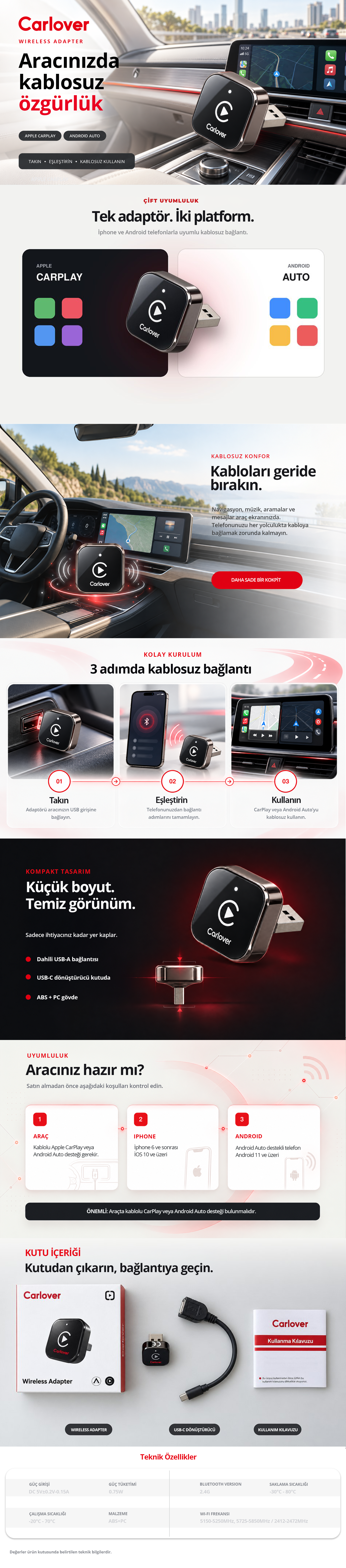 Carlover 2in1 Kablosuz CarPlay ve Android Auto Dönüştürücü Adaptör tanıtım görseli
