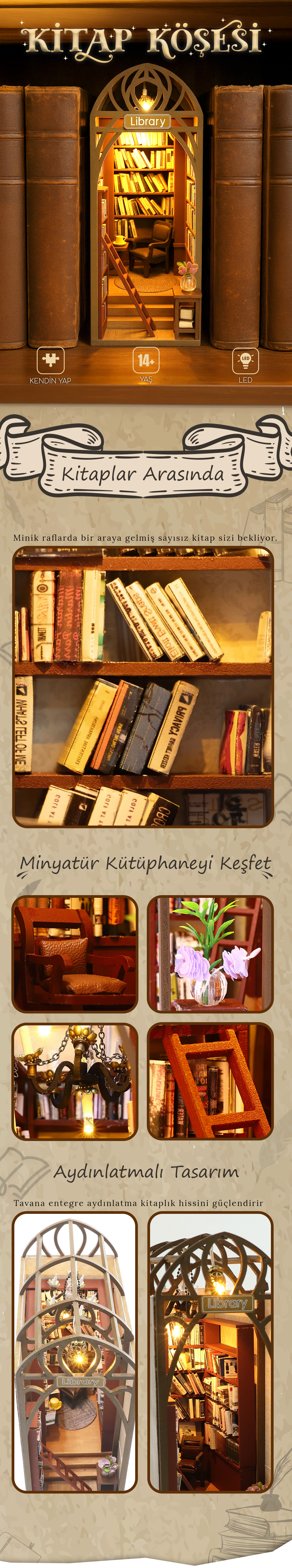 Novi Hobby Kitap Köşesi Minyatür Maket Ev | Kitaplık Dekorasyonu LED Aydınlatmalı Maket Ev