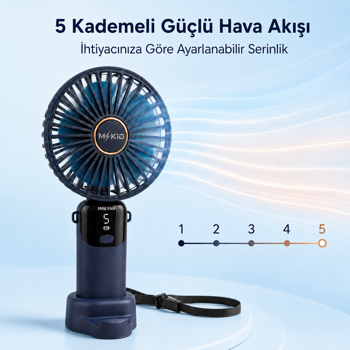 MKİO lacivert el fanı 5 kademeli ayarlanabilir güçlü hava akışı