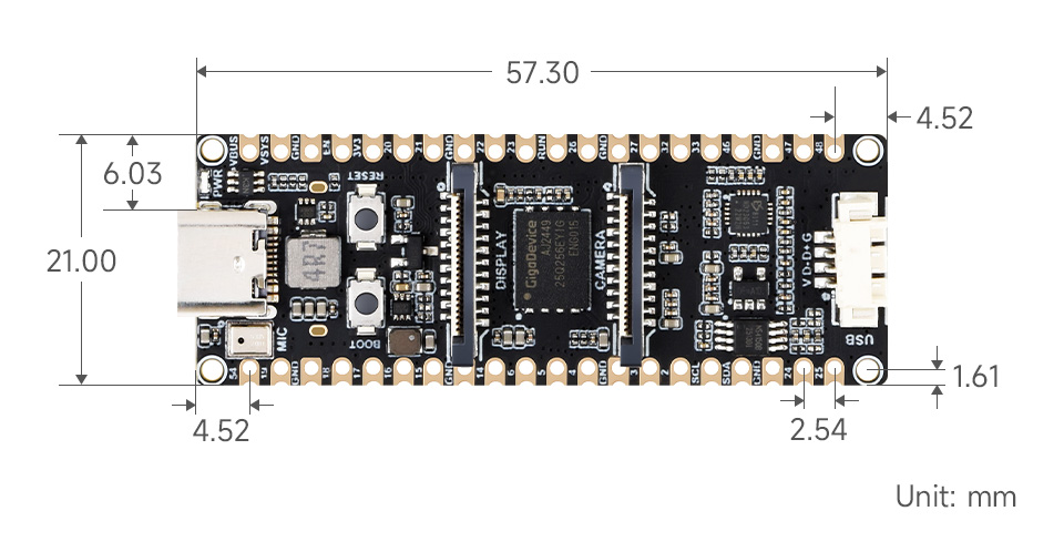 Waveshare ESP32-P4-Pico SKU 32101 kart ölçüleri