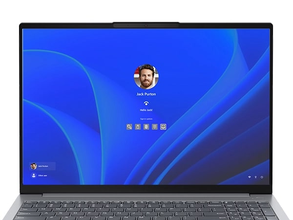 Close up of the Windows log-in screen on the Lenovo ThinkBook 16 Gen 7 laptop open 90 degrees.