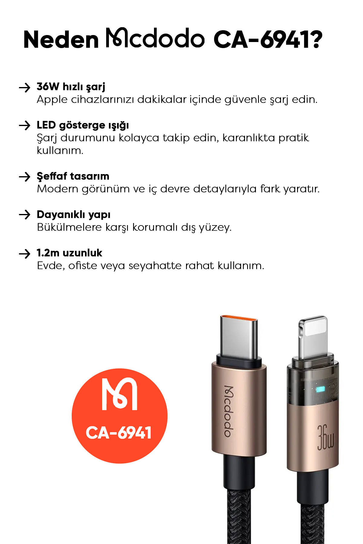 CA-6941 TYPE-C TO LİGHTNİNG 36W 1.2m Şeffaf Kablo Şarj Işıklı Afişi