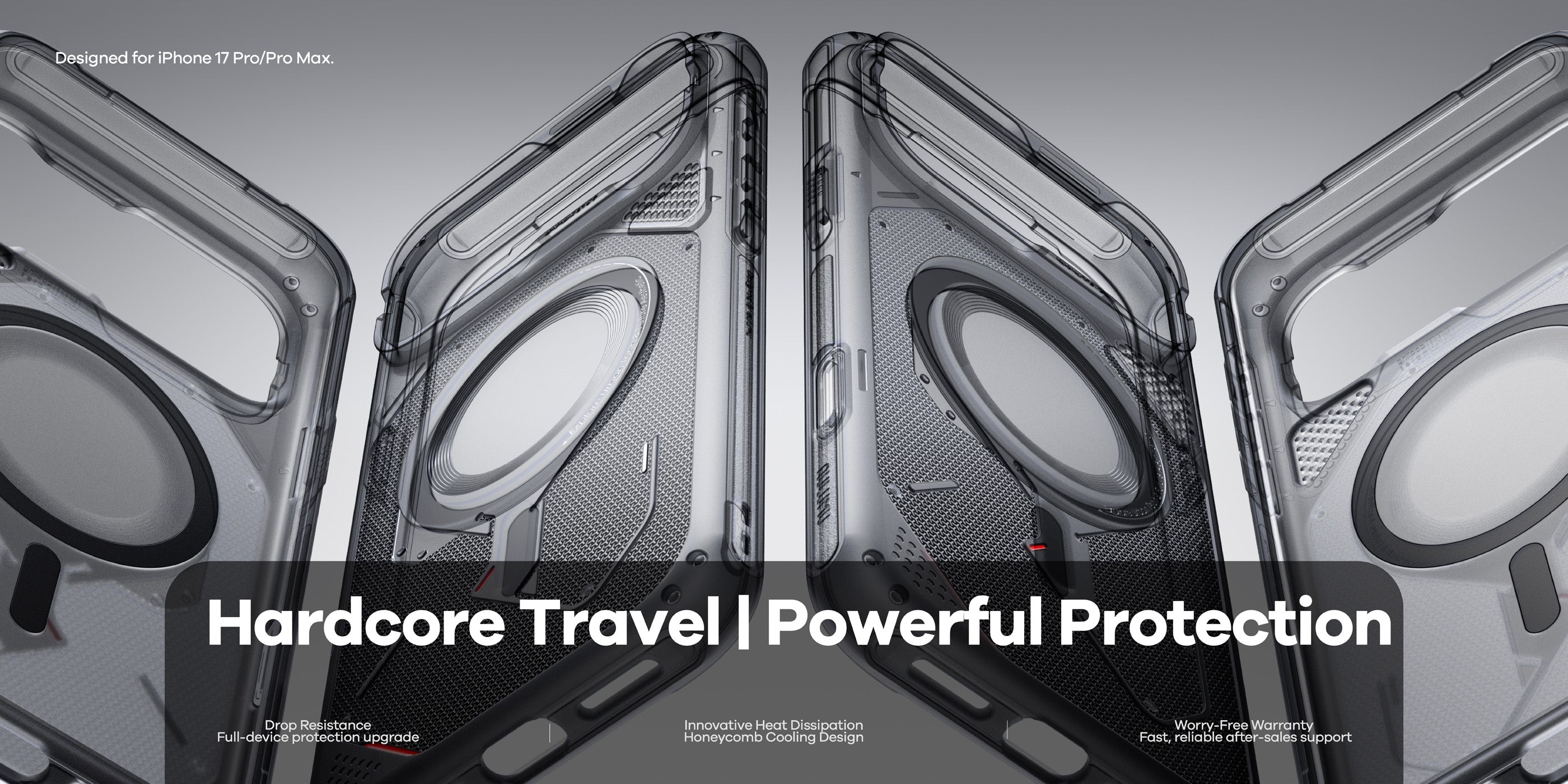 Four angles of AULUMU A17 rugged outdoor translucent gray cases with text Hardcore Travel | Powerful Protection