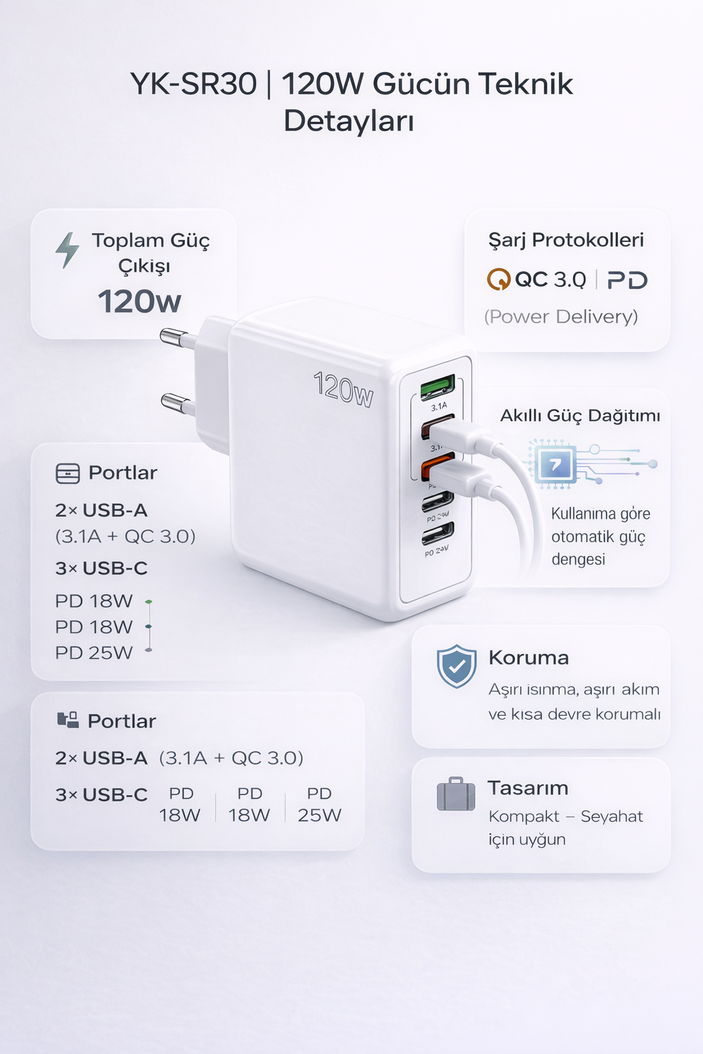 120W PD QC3 çoklu port şarj cihazı