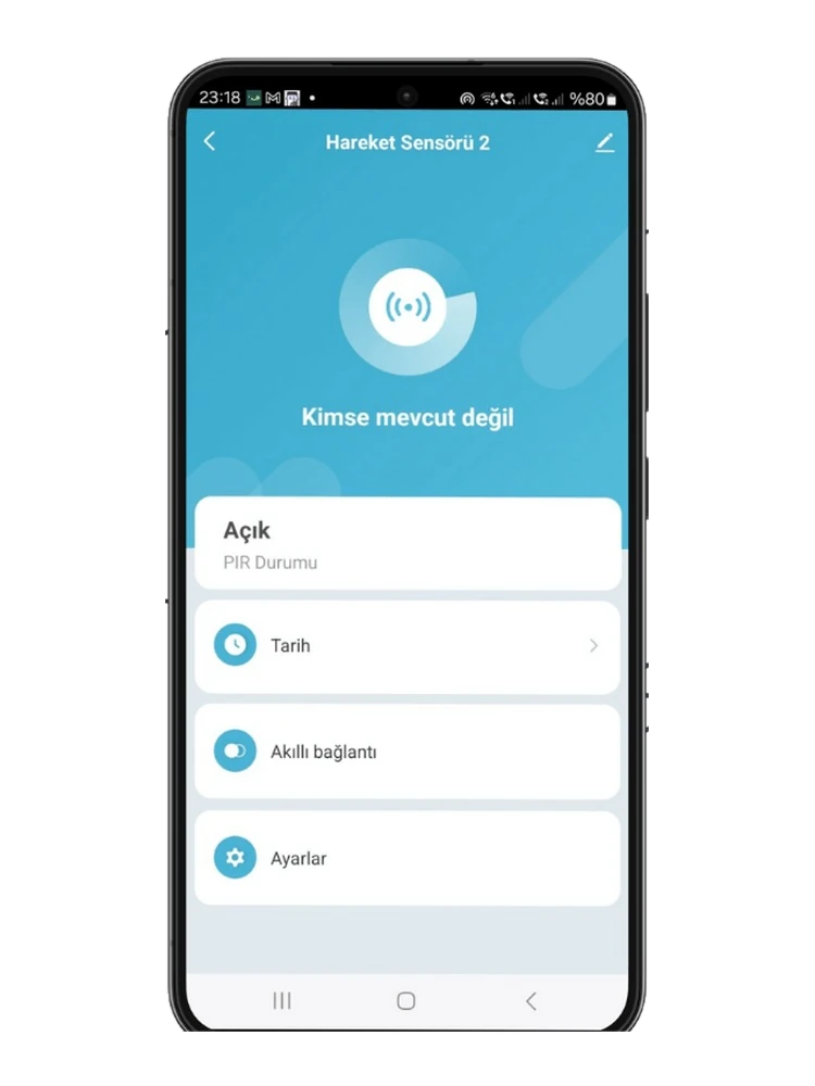 Smart Life uygulamasında hareket sensörünün durumu, PIR durumu ve hareket geçmişi