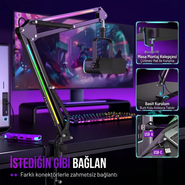 Fifine BM38 USB-A ve USB-C Bağlantısı