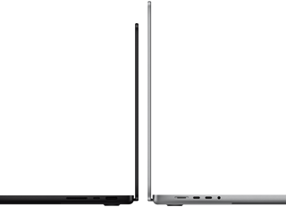 14 inç macbook pro ve 16 inç macbook pro sırt sırta gösteriliyor, boyut farkına ve ince profile vurgu yapılıyor