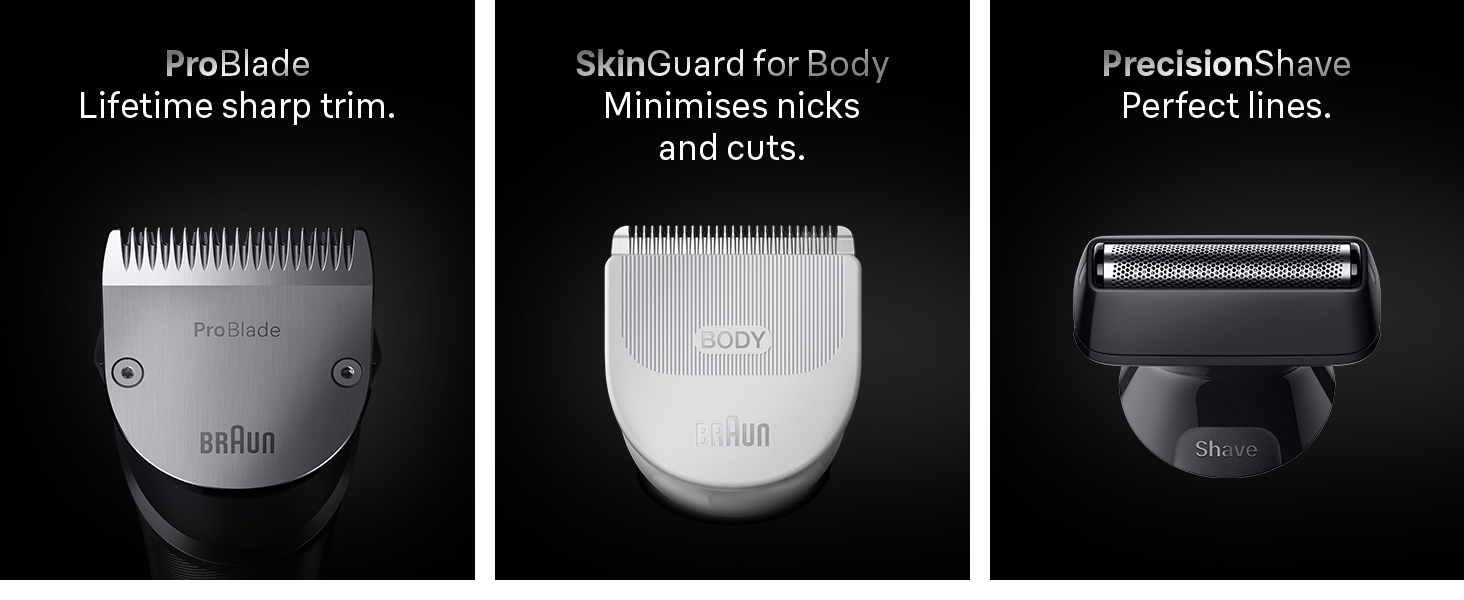 Close-up of Braun All-in-One Series 7 ProBlade, SkinGuard and PrecisionShave head.