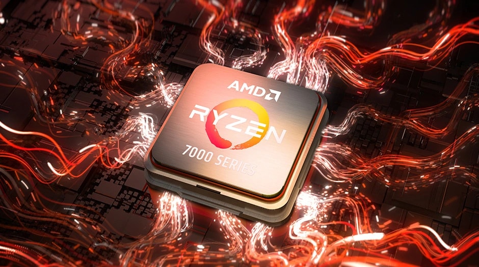 Kırmızı ve beyaz girdaplı çizgilerle çevrili bir AMD Ryzen 7000 serisi CPU'nun yakın çekimi