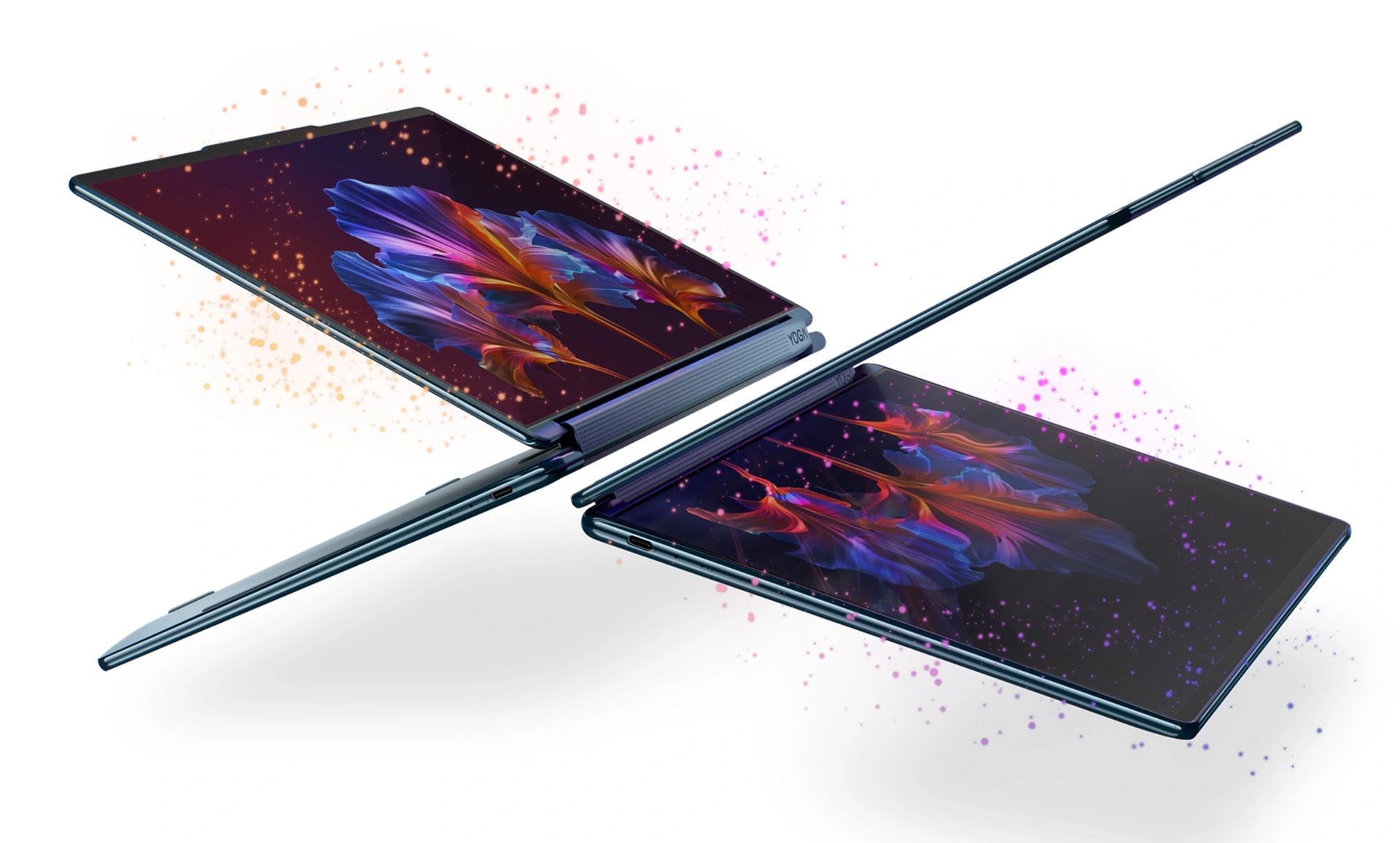 Two models of the Yoga Book 9i Gen 10, partially opened and arranged in an X shape.