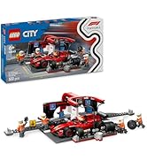 Metin "LEGO CITY" yazıyor. Kırmızı LEGO Formula 1 yarış arabası setinin ayrıntılı araç tasarımı, içme mürettebatı mini figürleri ve yarış aksesuarları içeren birçok ürün resmi.