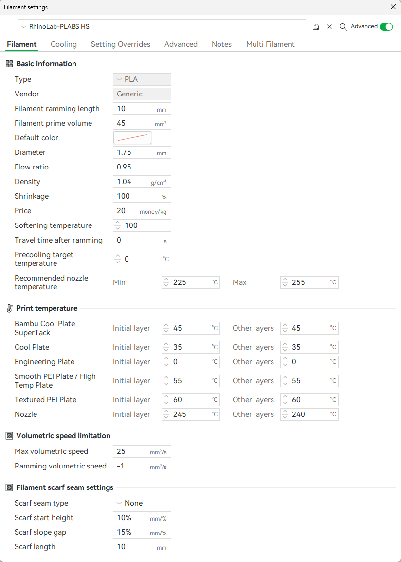 RhinoLab PLABS HS Parametre 1