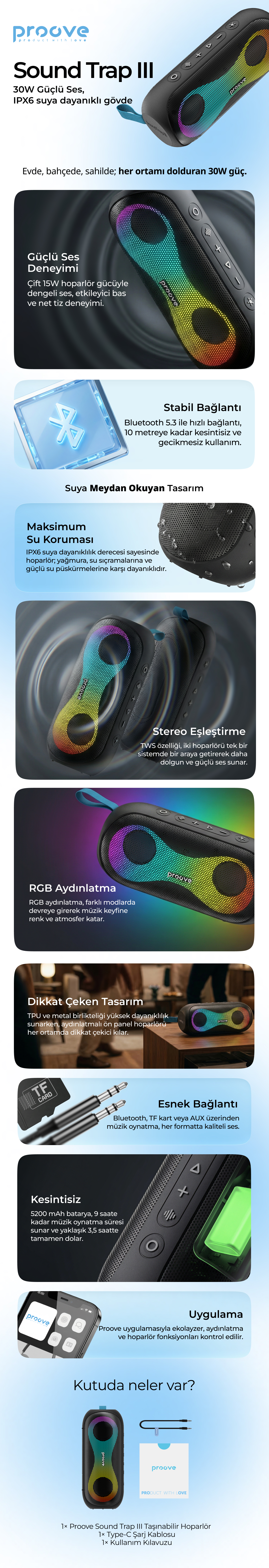 Proove SoundTrap 3 30W Taşınabilir Bluetooth Hoparlör TWS & RGB Işıklı Su Geçirmez Güçlü Bas