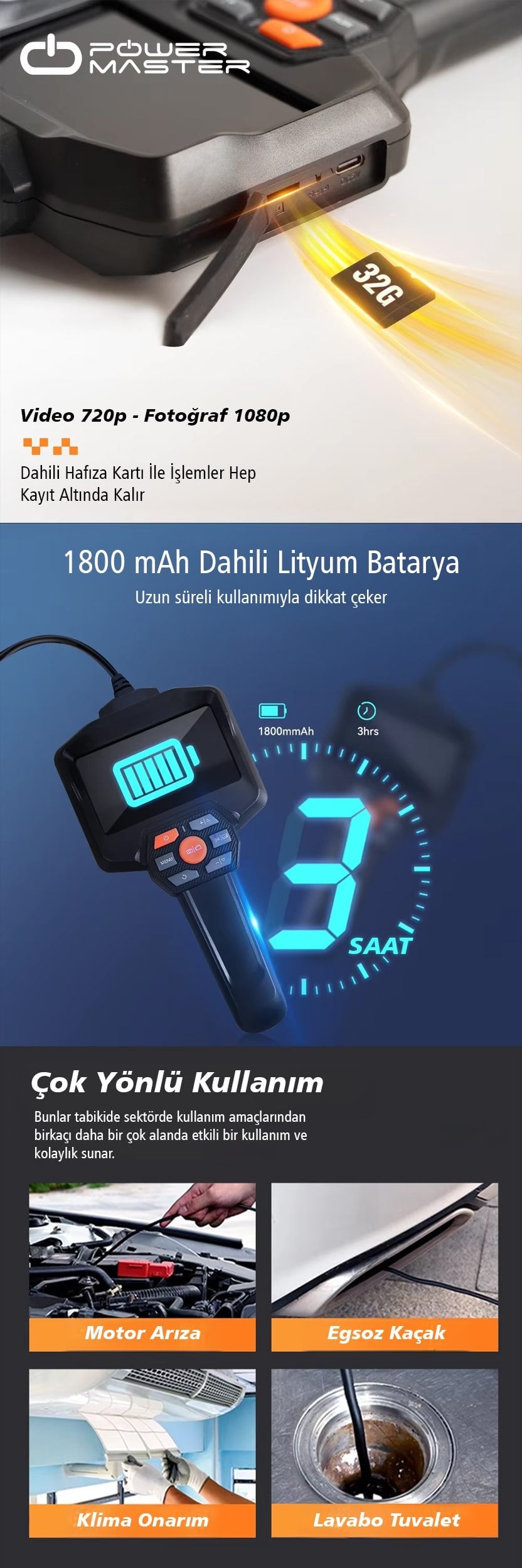 Araç arıza tespit lavabo tuvalet onarım görüntüleme cihazı