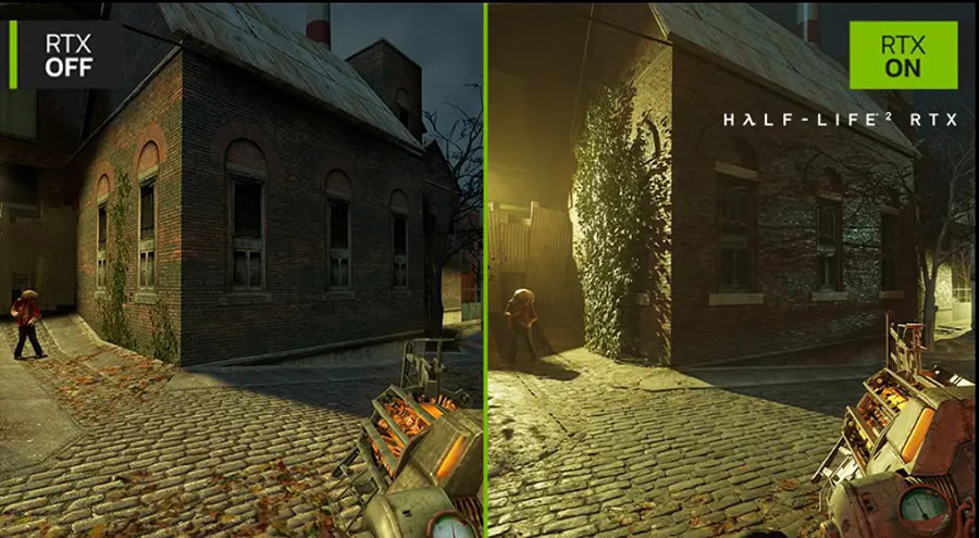 RTX OFF ve RTX ON farkını gösteren Half-Life 2 oyunu grafikleri karşılaştırması, gerçekçi aydınlatma ve detaylı çevre tasarımı, oyun içi görsel kalite iyileştirme, bilgisayar oyunu grafikleri ve teknolojileri.