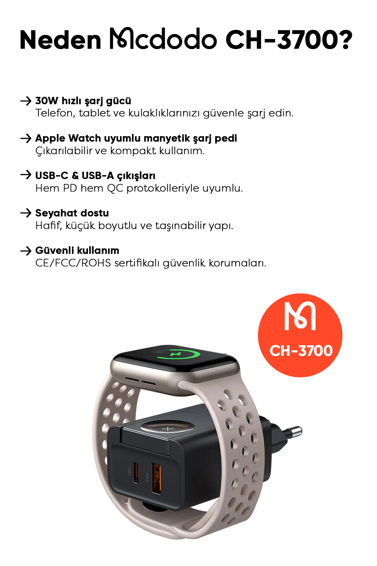CH-3700 30W 2'si 1 Arada Kablosuz Apple Watch ve Seyahat Şarj Adaptörü Afişi