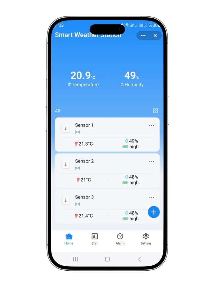 Smart Life uygulamasında hava istasyonu ana ekranı, üstte özet sıcaklık ve nem değeri, altında Sensör 1, Sensör 2 ve Sensör 3 kartları