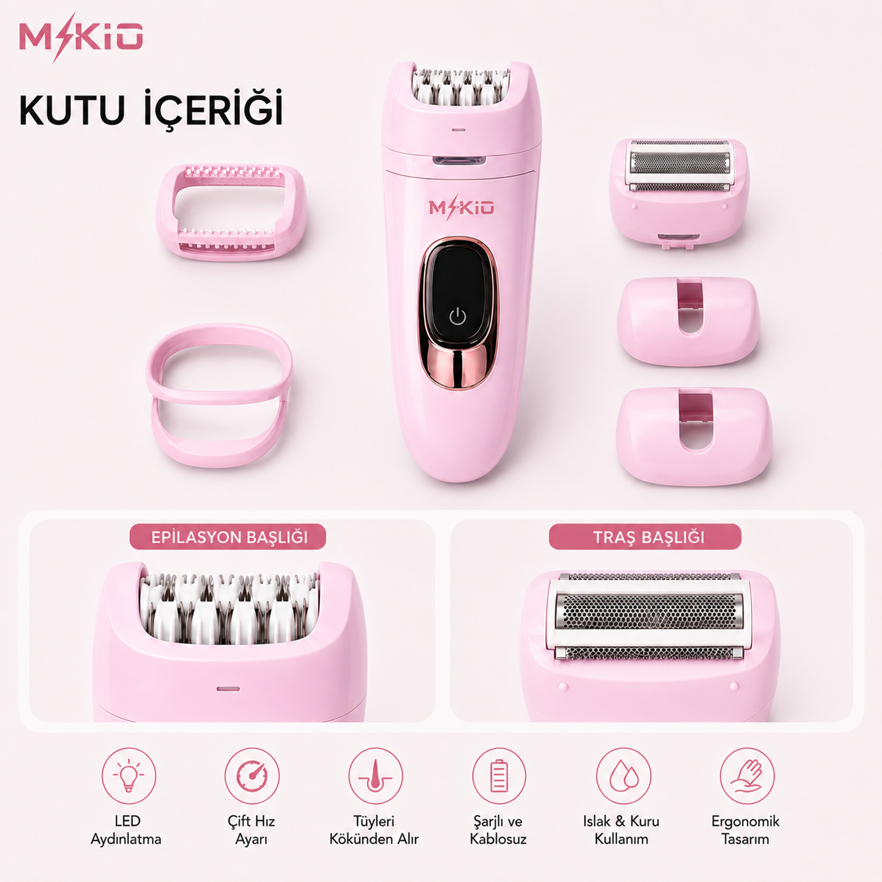 MKİO epilatör kutu içeriği ve başlıklar