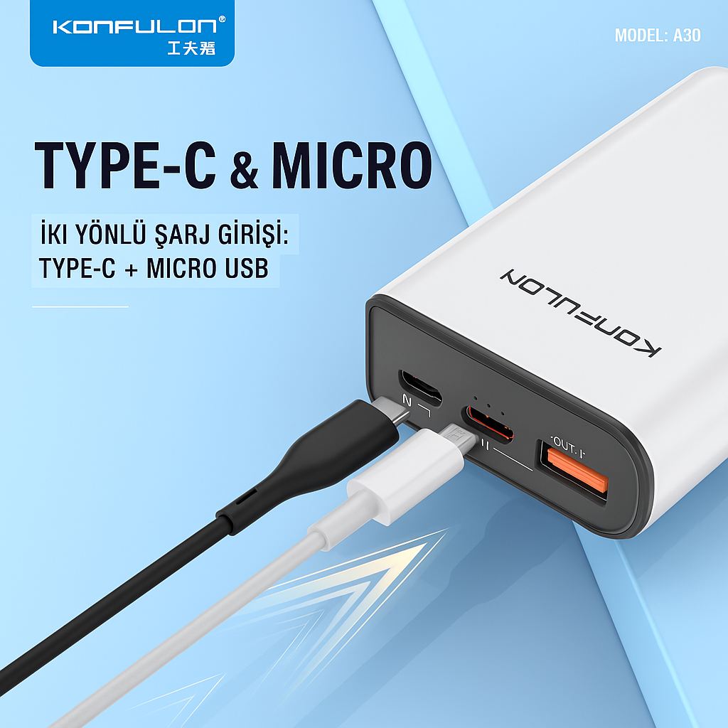 Konfulon A6Q powerbank Type-C ve Micro USB çift girişli şarj afişi