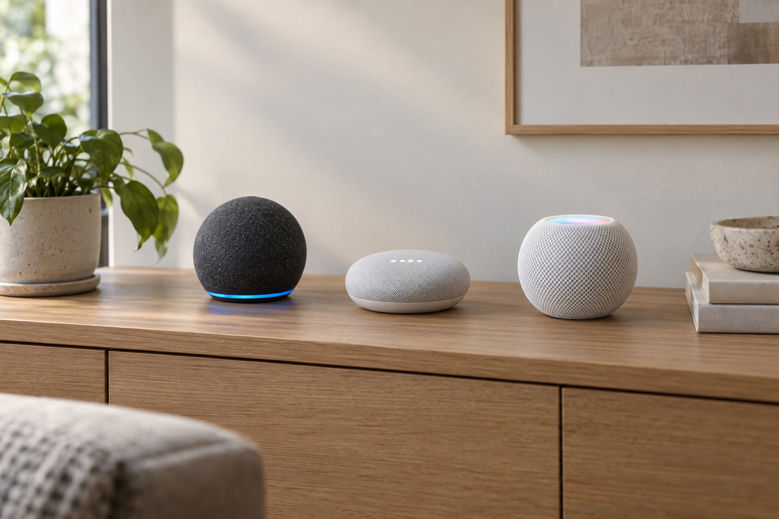 Konsol üzerinde yan yana Echo Dot, Google Nest Mini ve Apple HomePod mini