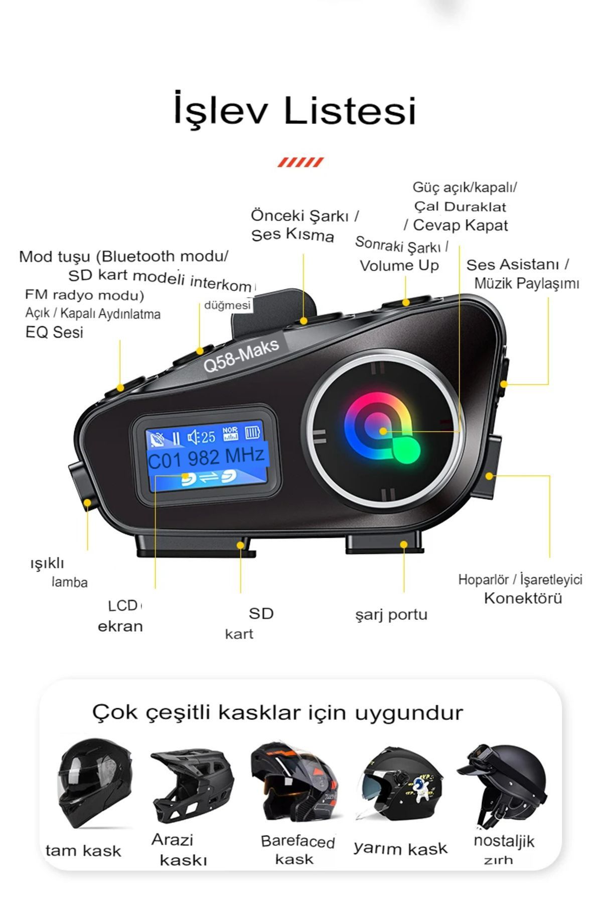 Enshall Q58-MAX Radyolu 2 Kişi Bağlantılı Bluetooth Kask Kulaklık Ekranlı Fenerli Müzik ve Telsiz Intercom