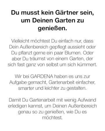 Bahçe bakımı ve Gardena ürünleri hakkında Almanca metin tabanlı reklam, beyaz arka plan üzerinde sunulur.