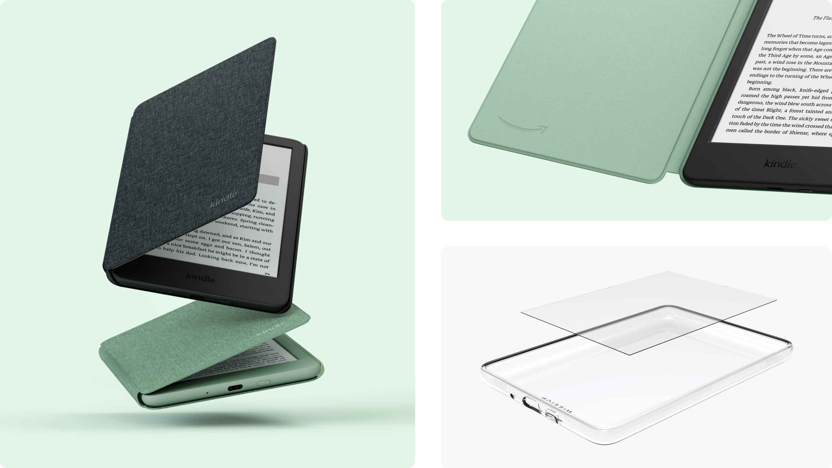 3 görselden oluşan kolaj: Siyah ve Matcha Kindle kılıfları; iç kısmında Amazon gülümsemesi bulunan bir Matcha kılıfının kapanışı; şeffaf koruma kılıfı ve ekran koruyucu.