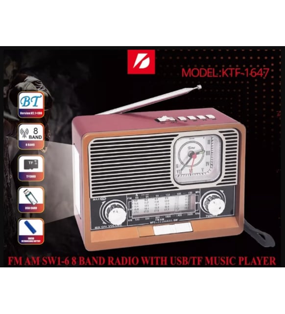 Saatli Fenerli Bluetooth lu USB li Nostaljik Radyo KTF-1647 - HEDİYE KUTULU