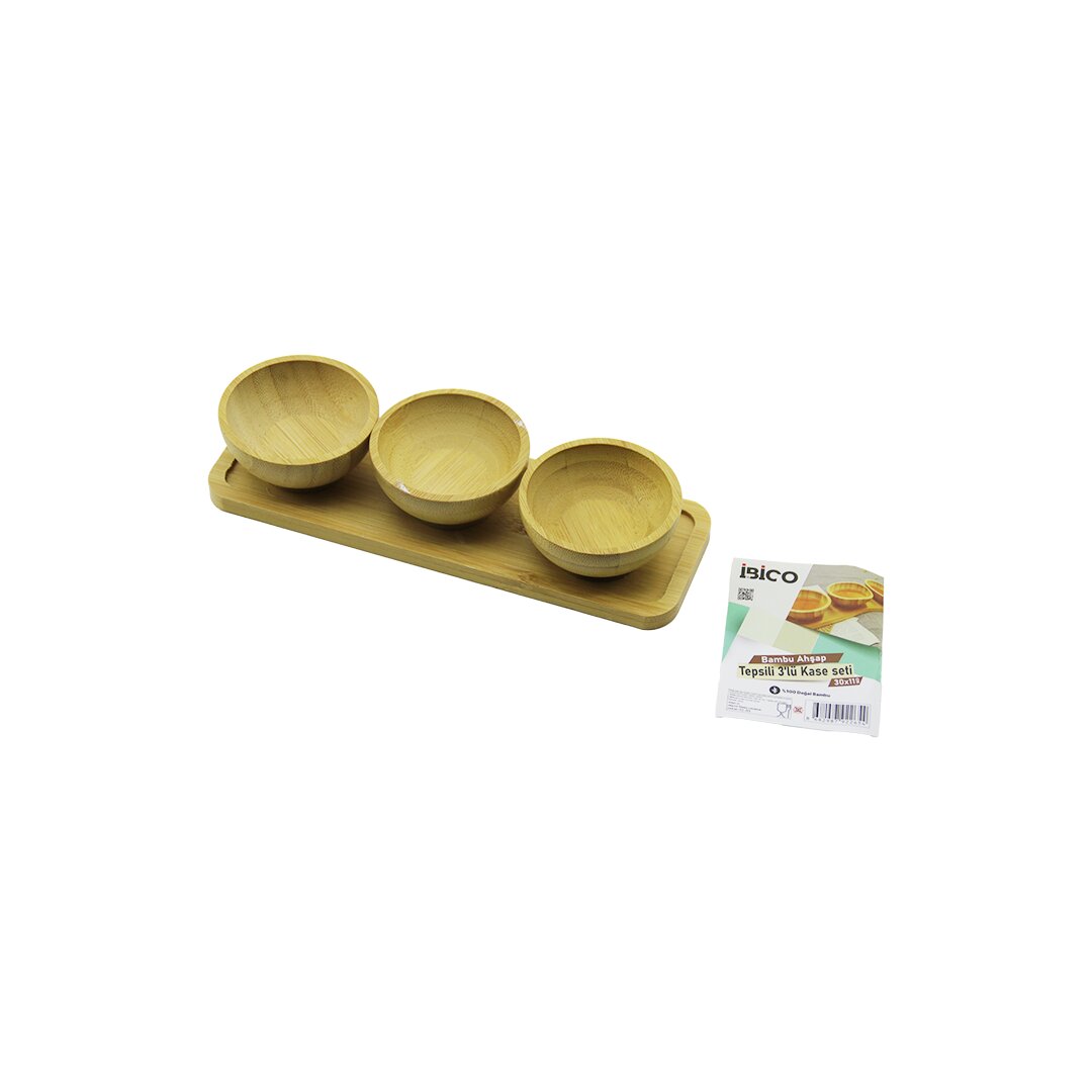 4PCS Çerezlik - Lokumluk Ahşap Bambu Tepsili Kase Seti