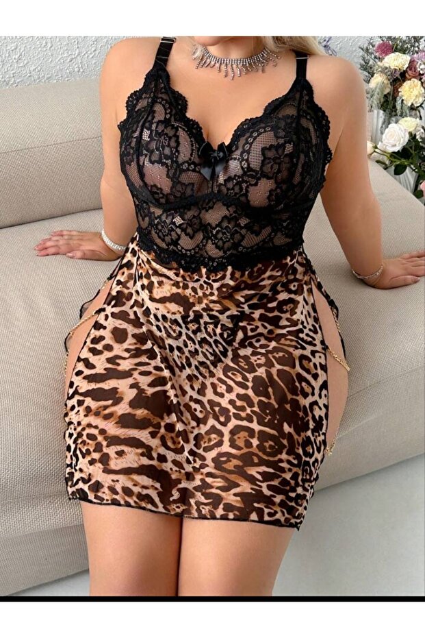 Büyük Beden Leopar Desenli Dantel Detaylı 2’li Gecelik ve Tanga Takım - 2
