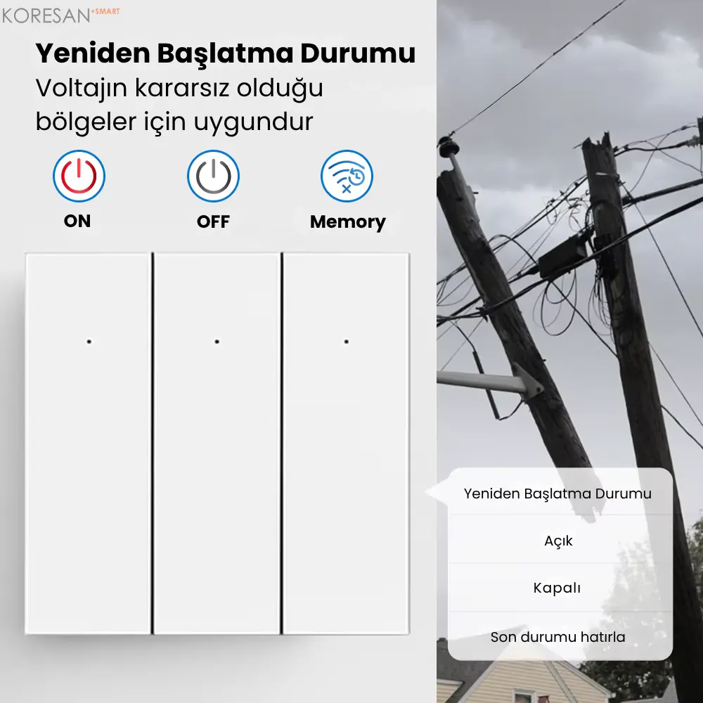 Tuya Zigbee Akıllı Duvar Anahtarı Siyah 1/2/3 Nötr Opsiyonel – KRSN Serisi elektrik kesintisi sonrası yeniden başlatma ayarı