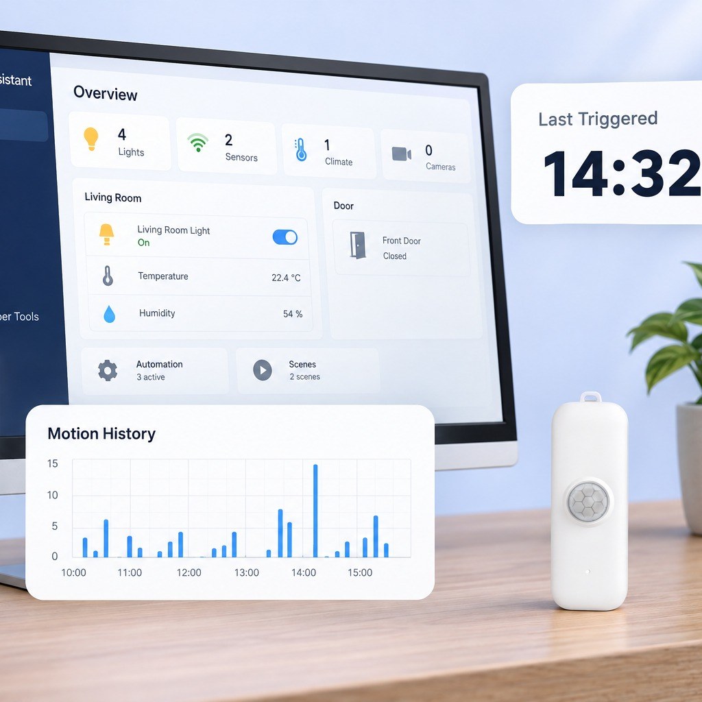 Home Assistant panelinde koridor sensörünün hareket geçmişi, masada WHS-02
