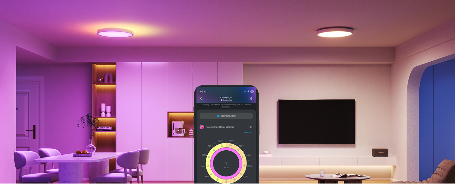 purple-tinted smart home interior with ceiling lights, wall-mounted tv, and a smartphone displaying a circular interface for controlling home features.