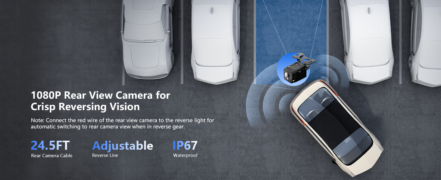 1080P geri görüş kabiliyeti, 24,5 ft menzil, ayarlanabilir ayarlar ve IP67 derecesi ile park yardımını gösteren araç geri görüş kamerası arayüzü.