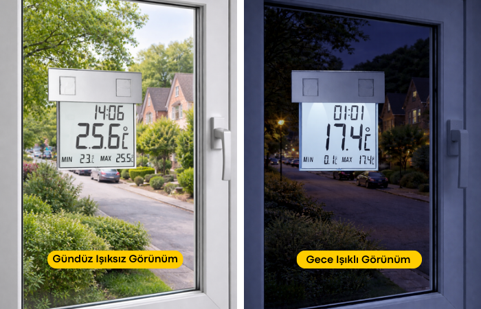TFA 30.1035 Işıklı Dış Pencere Termometresi Gündüz ve Gece Görünümü