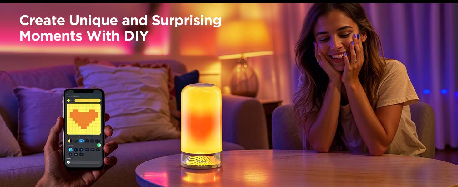 Color-changing smart lamp on a table displaying warm orange glow, with smartphone showing control interface nearby.