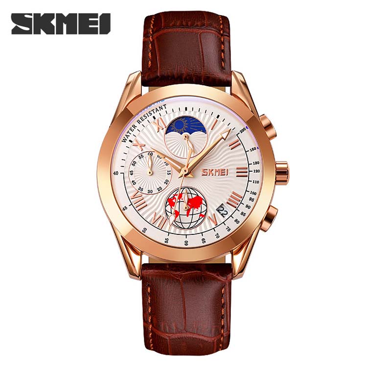 SKMEI 9236 high quality red man quartz watch hot sale PU leather band 3 dials chronometer Simple Casual relogio musculino