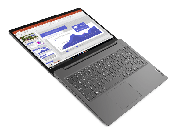 Lenovo V15 Gen 2 (15” AMD) laptop – ¾ front/left view from above, lid open flat, with slide software on the display