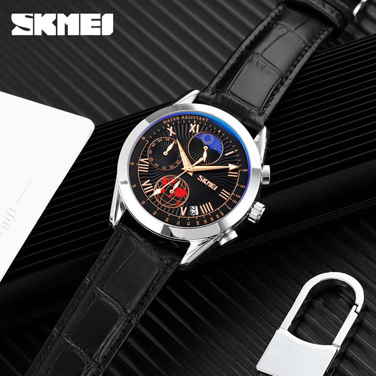 SKMEI 9236 high quality red man quartz watch hot sale PU leather band 3 dials chronometer Simple Casual relogio musculino