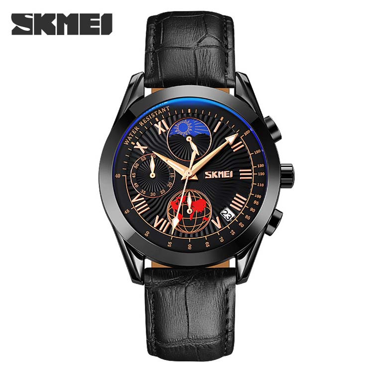 SKMEI 9236 high quality red man quartz watch hot sale PU leather band 3 dials chronometer Simple Casual relogio musculino