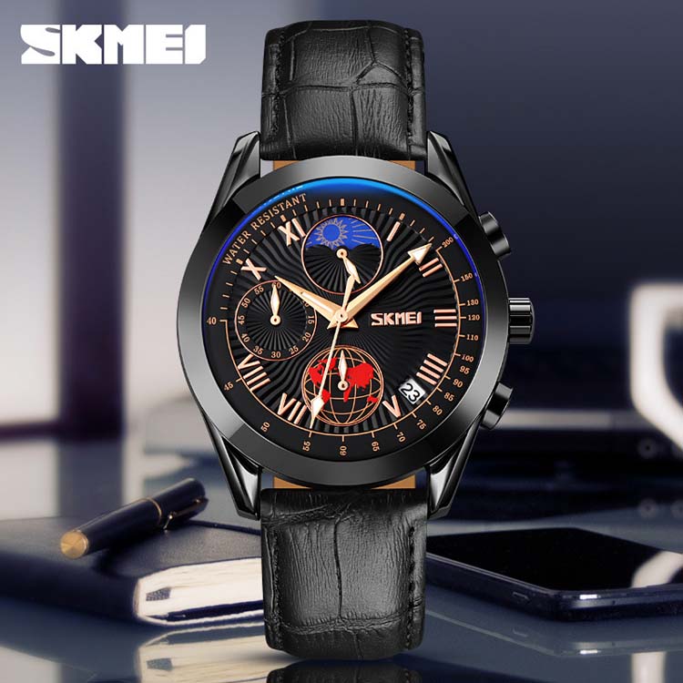 SKMEI 9236 high quality red man quartz watch hot sale PU leather band 3 dials chronometer Simple Casual relogio musculino